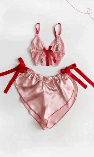 Dantelli Saten Şortlu Takım