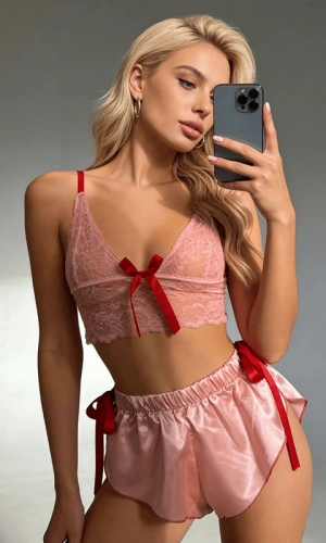 Dantelli Saten Şortlu Takım