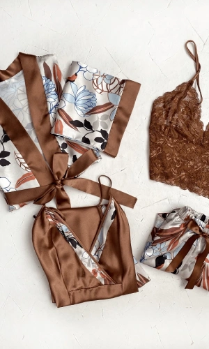 Patterned Dressing Gown & Lace Bralette Satin Shorts Set Combination