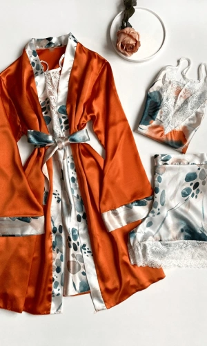 Patterned Satin Dressing Gown Set & Shorts Set Combination