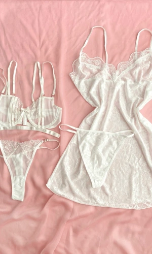 Ekru Likralı Gecelik & Dantel Detaylı Desteksiz Sütyen Takım Kombin