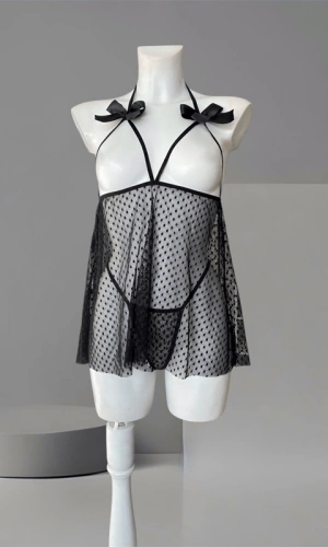 Fiyonk Detaylı Göğüs Dekolteli Puantiyeli Tül Gecelik