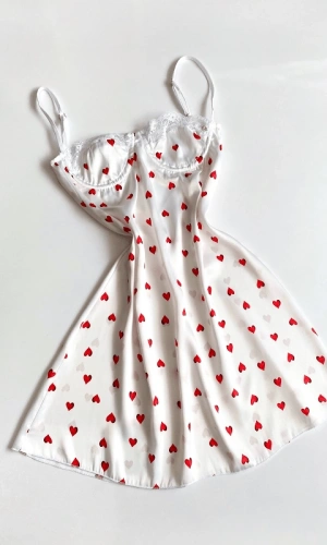 Göğüs Dantel Detaylı Kalp Baskılı Saten Gecelik