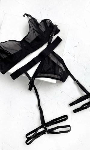 Ring Detailed Bra Set & Garter Combination With Leg Apparatus