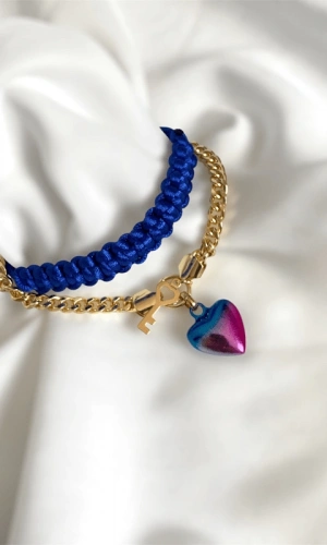 Hematit Taşlı Kalpli Gold Bileklik & Saks Makrome Örgü Bileklik Kombin