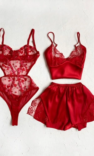 Hearted Body and Lace Low-cut Shorts Set Combine