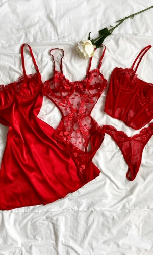 Kalpli İşlemeli Bodysuit & Dantel Büstiyer Takım & Göğüs Dantel Detaylı Saten Gecelik Kombin