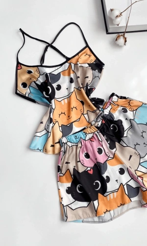 Kedi Baskılı Şortlu Takım