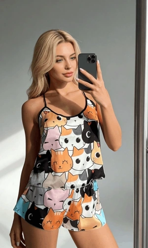 Kedi Baskılı Şortlu Takım