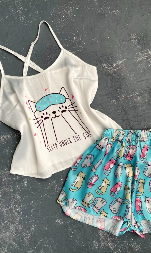 Cat Printed Shorts Set