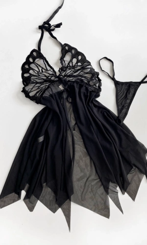 Siyah Transparan Kelebek Detaylı Tül Gecelik