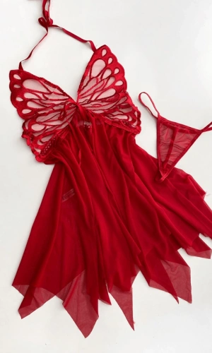 Kırmızı Transparan Kelebek Detaylı Tül Gecelik