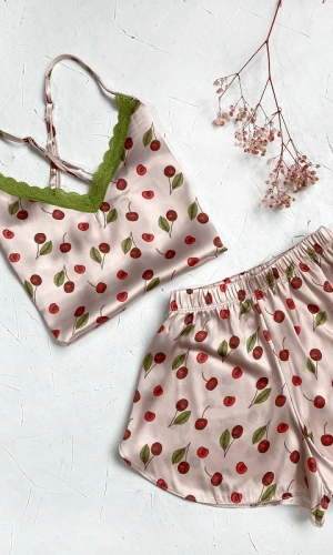 Cherry Printed Satin Shorts Set