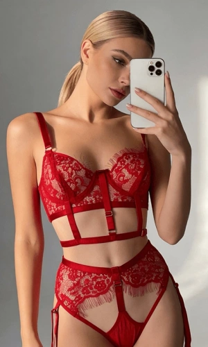 Kırmızı Dantel Büstiyerli Jartiyer Takım