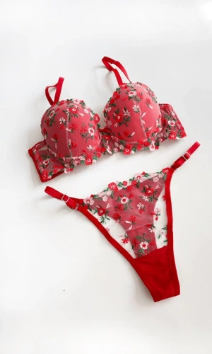 Kırmızı Küçük Çiçekli Destekli Sütyen Takım
