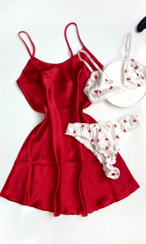 Red Satin Nightgown & Alice Bra Set Combination