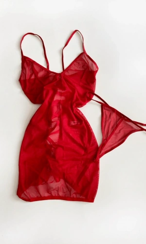 Kırmızı Transparan Kurdela Detaylı Transparan Gecelik