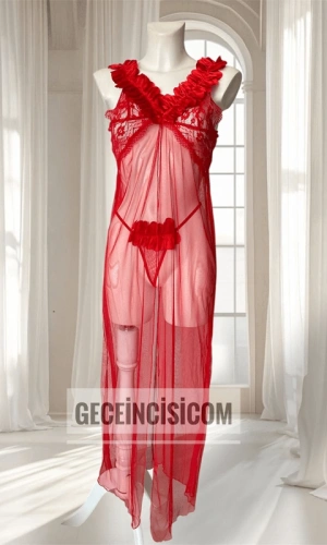 Kırmızı Uzun Yırtmaçlı Dekolteli Transparan Gecelik Takım
