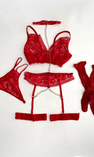 Kırmızı Zincir Detaylı Dantel Jartiyer Takım (Çorap Hediyeli)