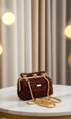 Koyu Kiremit Cam Boncuk Gold Vintage Çerçeveli Çanta