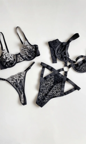 Kristal Bodysuit & Anja Dantelli Sütyen Takım 3 Parça Fantezi Kombin(Gizli Gönderi)