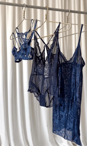 Lacivert 5 Parça Bodysuit & Sütyen Takım & Gecelik Takım Kombin