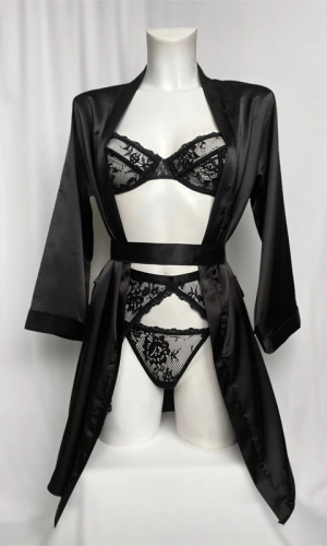 Lıvely Jartiyer Takım & Siyah Kuşaklı Saten Sabahlık Kombin