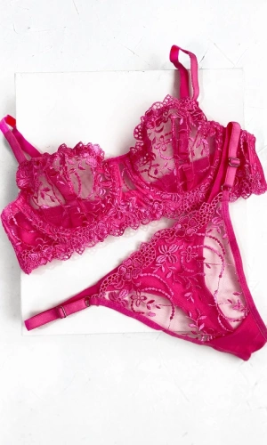 Neon Pink Floral Embroidered Bra Set