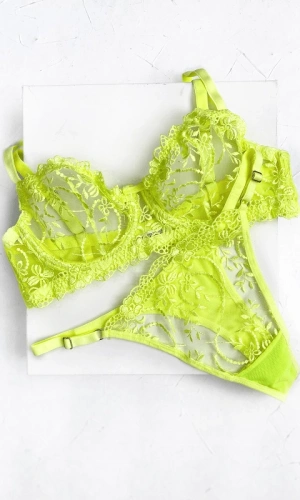 Neon Yellow Flower Embroidered Bra Set