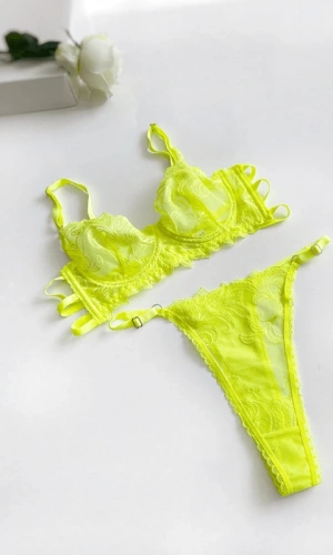 Neon Sarı Dantel Sütyen Takım