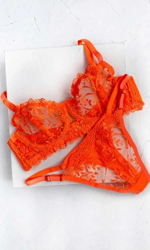 Neon Orange Flower Embroidered Bra Set