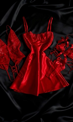 Özel Bölgesi Açık Bodysuit , Saten Gecelik & Dantel Sütyen Takım Kombin