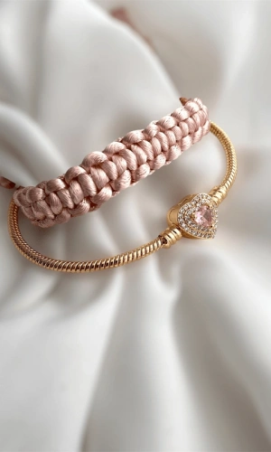 Pembe Kalp Taşlı Charm Bileklik & Makrome Örgü Bileklik Kombin