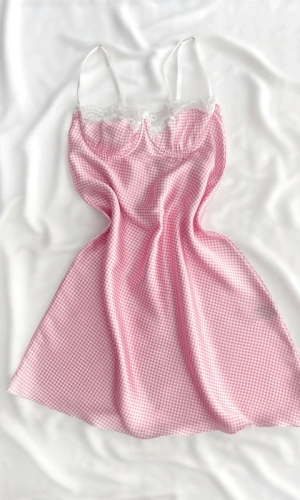 Pembe Pötikareli Göğüs Dantel Detaylı Saten Gecelik