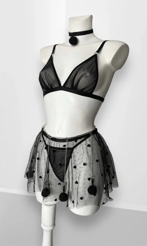 Pompom and Heart Detailed Skirt Bra Set