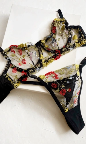 Colorful Flower Embroidered Bra Set