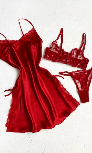 Satin Nightgown & Heart Embroidered Bra Set
