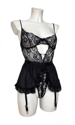 Siyah Kalp Detaylı Bodysuit & Fırfırlı Etekli Jartiyer Takım