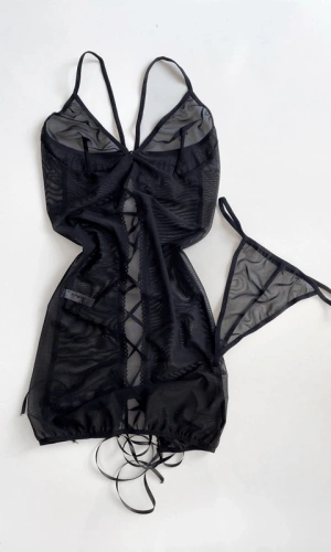 Siyah Transparan Kurdela Detaylı Transparan Gecelik