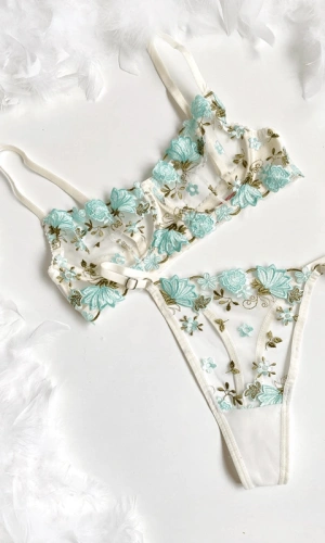 Su Yeşili İşlemeli Sütyen Takım