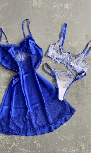 Tül Detaylı Saten Gecelik & Balenli Sütyen Takım Kombin