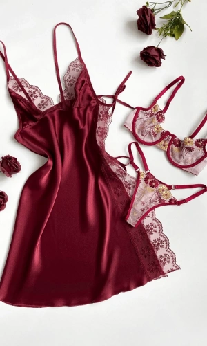 Side Tied Satin Nightgown and Underwire Lace Bra Set Combination