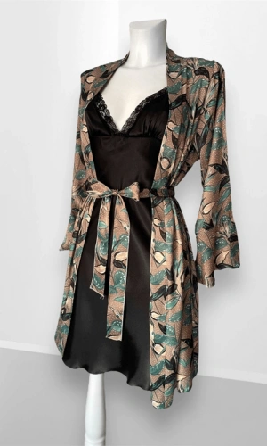 Leaf Patterned Satin Dressing Gown Set