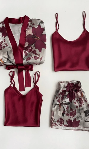 Bat Sleeve Satin Dressing Gown & Strappy Shorts Set Combination