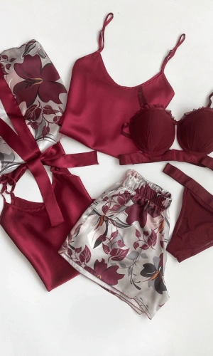 Bat Sleeve Satin Dressing Gown & Suspender Shorts Set & Bra Set Combination