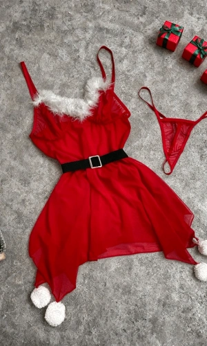 Yılbaşı Özel Eteği Ponpon Detaylı Tüylü Gecelik ❤️