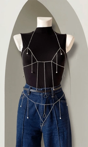 Zirkonyum Kaplama Taş Detaylı Çelik Zincir Sütyen Takım