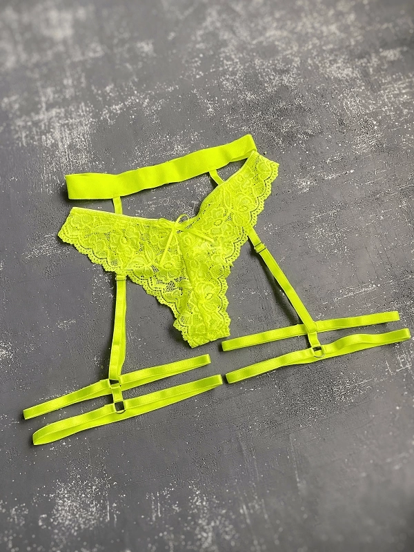 Leg Attachment Garter Belt & Neon Yellow Lace Thong