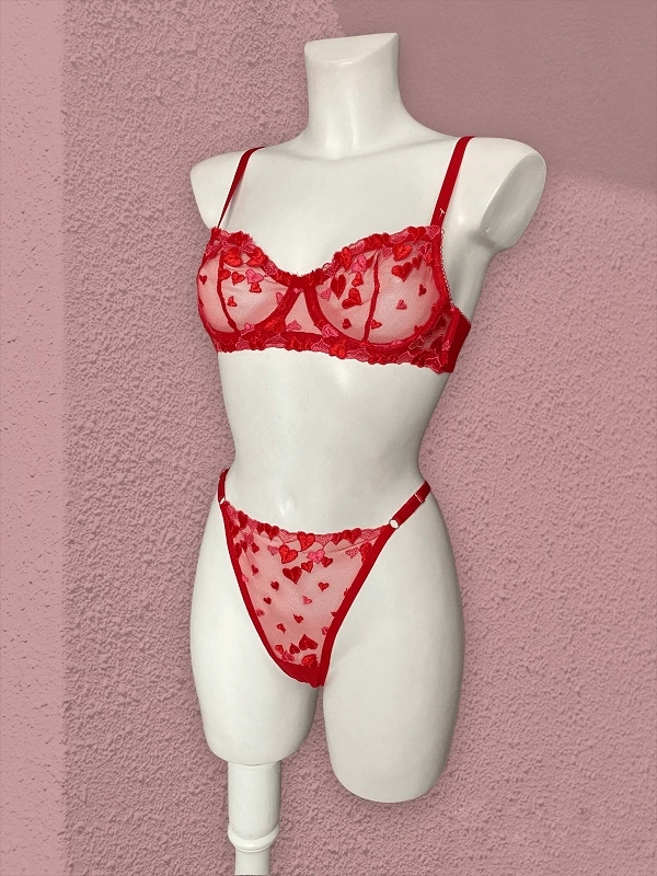 Heart Embroidered Bra Set