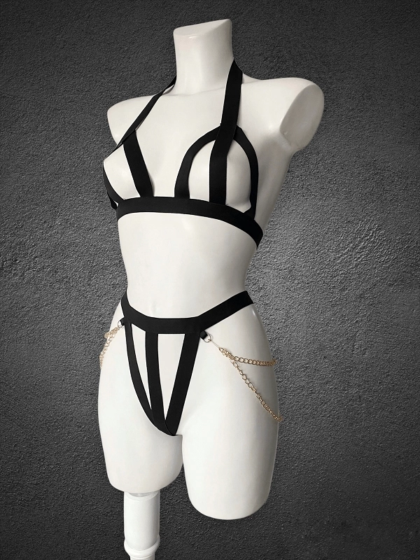 Chain Accessory Detailed Harnes Bra Set